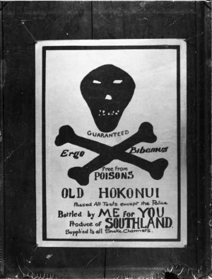 Photograph of a label from a bottle of Old Hokonui (illicitly distilled whisky)