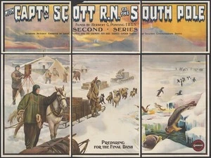 Gaumont Co. Ltd (London) :With Captain Scott, R.N. to the South Pole filmed by Herbert G. Ponting, F.R.G.S. (Second series). Authentic pictures exhibited by arrangement with the Gaumont Film Hire Service London, holders of exclusive cinematograph rights. "Preparing for the final dash ". [1912].