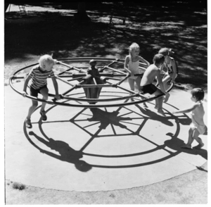 Hagley Park playground, Oxford Terrace and Cathedral Square, Christchurch, 1971.