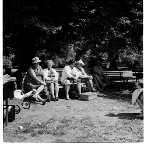 Hagley Park, Christchurch, Country Women's picnic lunch, 1971.