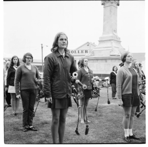 A girls' pipe band at practise in Dunedin, 1971.