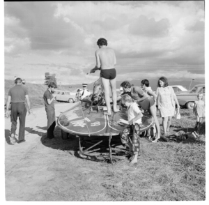 Rangitikei River near Bulls, speedboat racing; workmen in Wanganui; and boys at Wanganui Collegiate, 1971.