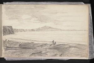Pharazyn, Edward de C 1810-1879? :Waikaraka cliffs from Kaiwata, 1853. This and the following sketch were taken on a journey along the coast from the Watarangi to Te Aute, Ahuriri in 1853.