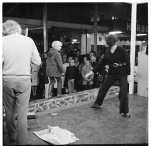 Street theatre, Cuba Mall; a gully near Wilton; and a community hall fair, Karori, Wellington.