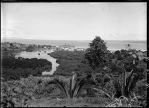 Scene looking over foliage, towards a coastline, including a boat berthed at a wharf, probably Fiji