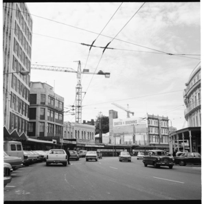 Lambton Quay, the site of the new BNZ premises, and the Victoria Market & Gallery, 1974.