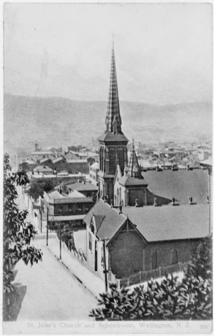 Creator unknown : Photograph of St John's Presbyterian Church and schoolroom, corner of Willis and Dixon Streets, Wellington