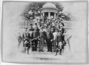 Creator unknown :Photograph of the committee of the Wellington Caledonian Society, Basin Reserve, Wellington
