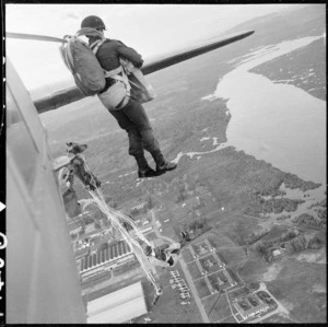 New Zealand Special Air Service troops jumping from Valetta aircraft, Malaya