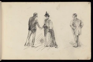 Hodgkins, Frances Mary 1869-1947 :[Man and woman shaking hands, another man watching. 1887]