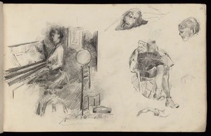 Hodgkins, Frances Mary 1869-1947 :[Woman playing piano. Girl reading book. Sketches of heads and arms. 1887]
