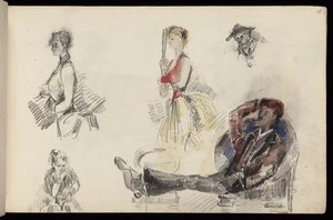 Hodgkins, Frances Mary 1869-1947 :[Woman holding fan. Seated man smoking pipe with feet up on chair. Sketches of people. 1887]