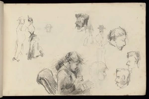 Hodgkins, Frances Mary 1869-1947 :[Couple roller skating. Woman sewing. Sketches of heads. 1887]