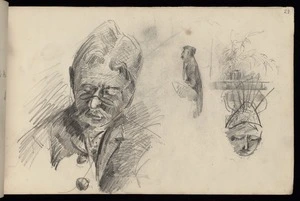 Hodgkins, Frances Mary 1869-1947 :[Man wearing glasses. Profile of man. Woman with head-dress. Pot plant on steps. 1887]