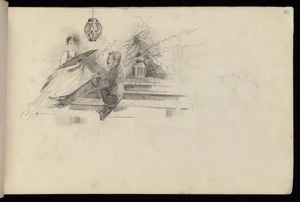 Hodgkins, Frances Mary 1869-1947 :[Man, woman holding fan, sitting on steps. 1887]