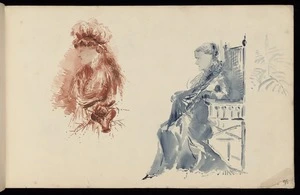 Hodgkins, Frances Mary 1869-1947 :[Woman in chair. Woman wearing bonnet. 1887]