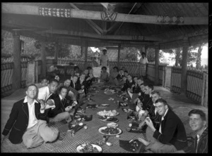 Unidentified group of young European men, eating a meal, probably Fiji