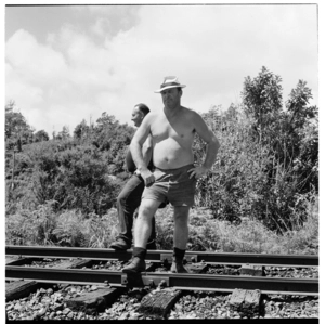 Railway workers, West Coast, and hitchhikers near Punakaiki, 1971