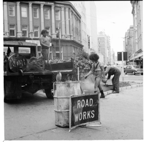 Road works in Featherston Street outside the AMP Chambers and the ANZ Bank, 1974.