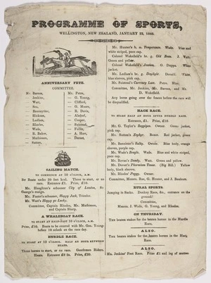 Programme of sports, Wellington, New Zealand, January 22, 1845. Anniversary fete; ... sailing match [etc. 1845]