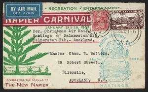 Napier Carnival; [sport], recreation, entertainment. January 21-28 1933. Celebrating the opening of the new Napier [Envelope, postmarked 23 December 1932]