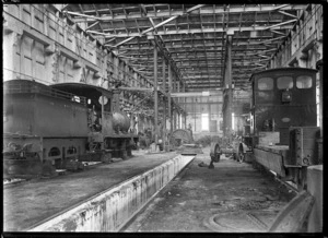 Interior view of one of the Invercargill Railway Workshops, circa 1926.