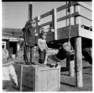 Preschool children on climbing nets, possibly near the Sunshine Kindergarten, Karori, Wellington