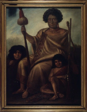 [Earle, Augustus] 1793-1838 :Portrait of Aranghi Tooker Chief of Cower Cower Bay of Islands, New Zealand, with his wife and son, painted at New Zealand. Augustus Earle - 27 Howland Street, Fitzroy Square