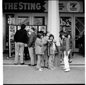 People queuing for the film 'The Sting' outside the Majestic Theatre, Wellington
