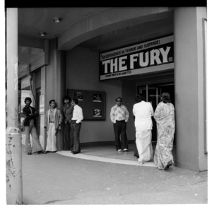 Outside the Plaza Theatre in Manners Street, Wellington