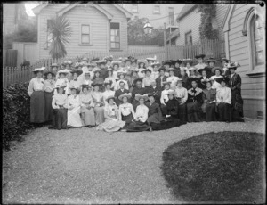 Group of women outside St John's Presbyterian Church, Willis Street, Wellington
