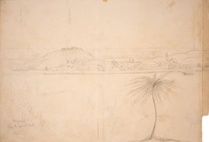 Collinson, Thomas Bernard 1822-1902 :Wanganui from the opposite bank. 1848. Town stockade. Middle stockade.