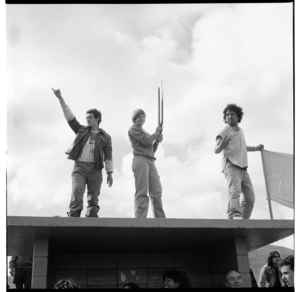 Māori protesters during the visit of Prince Charles to Waitangirua Mall, Porirua, in April 1981