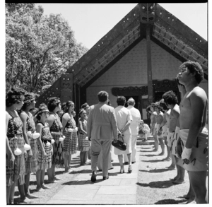 Scenes at Te Tii Waitangi Marae, showing waka taua Ngātokimatawhaorua and ceremonial greetings
