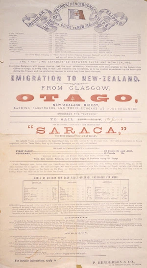 Patrick Henderson & Co. :Emigration to New Zealand from Glasgow. The beautiful Clyde-built iron clipper ship "Saraca" / P Henderson & Co. [1884].