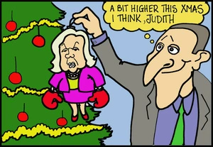 John Key hangs Judith Collins on the Christmas tree