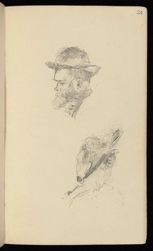 Hodgkins, Frances Mary 1869-1947 :[Man with beard wearing hat. Woman wearing veil. ca 1890]