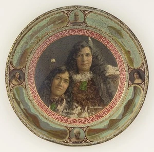 Illustrated tin plate titled 'Maggie & Bella, Rotorua guides N.Z.'
