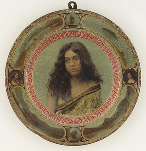 Illustrated tin plate titled 'A Maori maiden, N.Z.'
