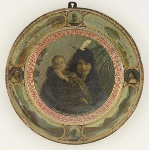 Illustrated tin plate titled 'Maori mother & child, N.Z.'
