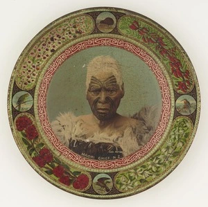 Illustrated tin plate titled 'Maori Chief'