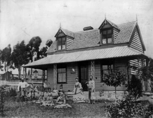 Ball, C E H : Portrait of Charles Ball and the Ball family outside their house in Timaru