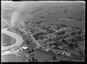 The town of Helensville with Puriri Street, Commercial Road and the Kaipara River in foreground, North Auckland