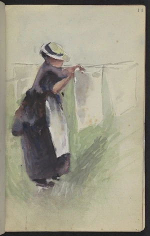 Hodgkins, Frances Mary 1869-1947 :[Phemie hanging out the laundry. ca 1890]