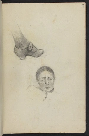 Hodgkins, Frances Mary 1869-1947 :[Study of shoe. Woman sleeping. ca 1890]