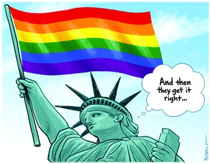 Statue of Liberty flies the rainbow flag