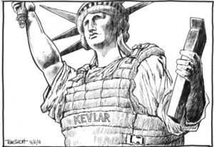 [The Statue of Liberty wearing a Kevlar vest after a mass shooting in Orlando, Florida]