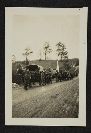 Horses and carts being led down a dirt road in France by 4th Battalion Grenadier Guards during World War One