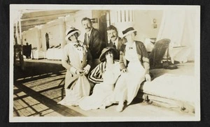Thomas Duncan McGregor Stout and Agnes Isobel Pearce (later Stout) with three other unidentified men and women