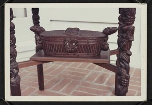Carved Maori treasure box (wakahuia) on the porch of Agnes Isobel Stout's house